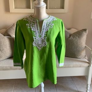 Ladies Jones New York Brand Size Petite Medium Green 100% Linen Tunic Top